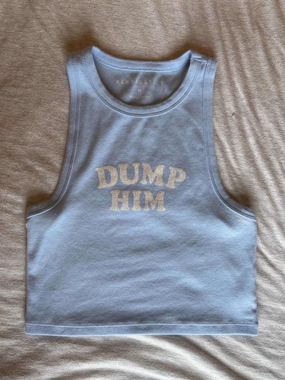 Aeropostale Light Blue Crop Tank with White 'DUMP HIM' Text